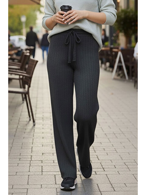 Tarz Cool Füme Fitilli Modal Bol Paça Yüksek Bel Yumuşak Dokulu Beli Lastikli Elastanlı Pantolon - S000494442-33408