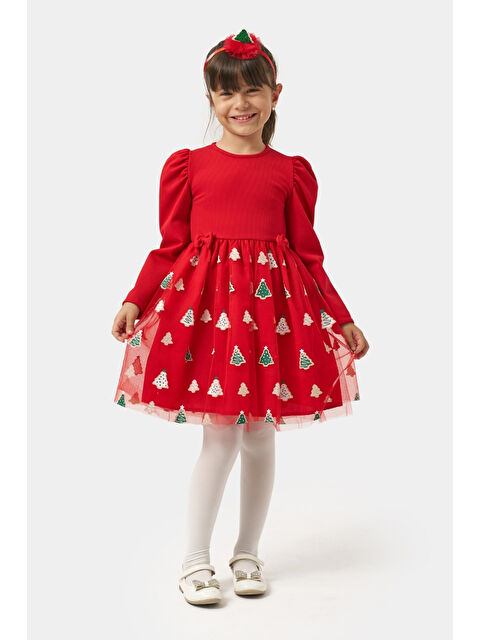 Le Mabelle Kırmızı  Eteği Çam Ağaçlı Kız Çocuk Elbise - Nomi - S000473269-20045