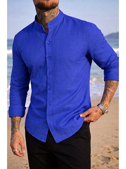 Tarz Cool Erkek Regular Hakim Yaka Keten Görünümlü Gömlek