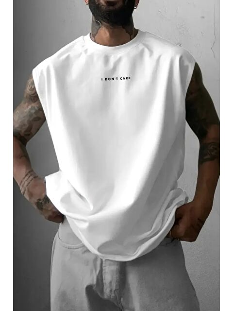 Tarz Cool I Don't Care Baskılı Kolsuz Atlet tshirt Erkek Sıfır Kol Oversize T-SHİRT