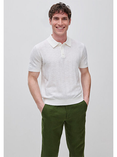 United Colors Of Benetton Erkek Krem  Pamuk Keten Karışımlı Düğmeli Örme Dokulu Polo Yaka  Triko T-Shirt