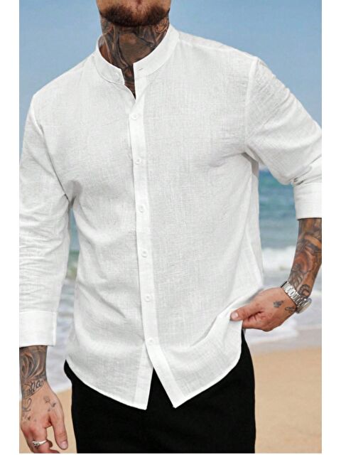 Tarz Cool Erkek Regular Hakim Yaka Keten Görünümlü Gömlek