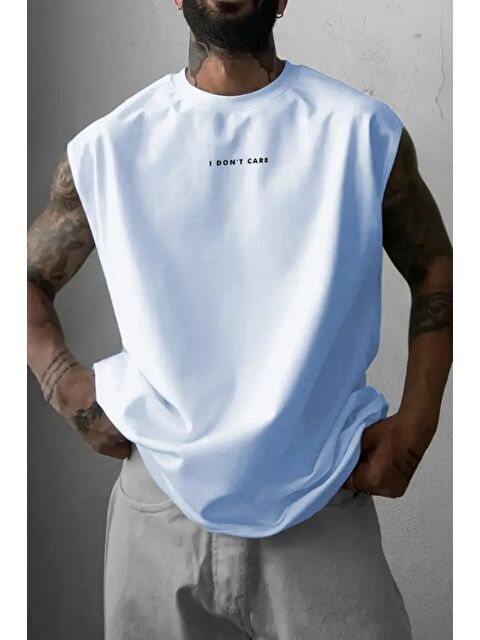 Tarz Cool I Don't Care Baskılı Kolsuz Atlet tshirt Erkek Sıfır Kol Oversize T-SHİRT