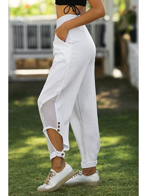 Chiccy Beyaz Cepli File Detaylı Yıkamalı Dokuma Lastikli Bel Jogger Paça Casual Pantolon - S000358967-20063