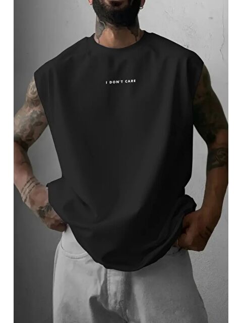 Tarz Cool I Don't Care Baskılı Kolsuz Atlet tshirt Erkek Sıfır Kol Oversize T-SHİRT