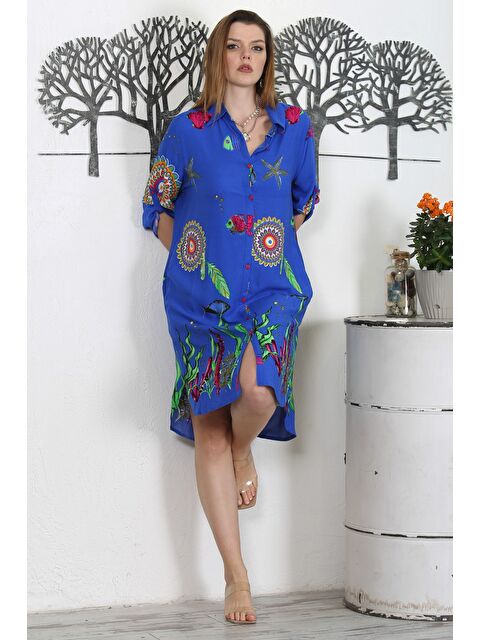 Chiccy Mavi Gömlek Yaka Düğmeli Uzun Kollu Düğmeli Gizli Cepli Empirme Baskılı Casual Dokuma Elbise - S000358969-17234