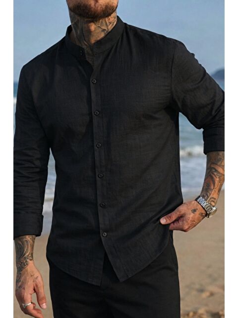 Tarz Cool Erkek Regular Hakim Yaka Keten Görünümlü Gömlek