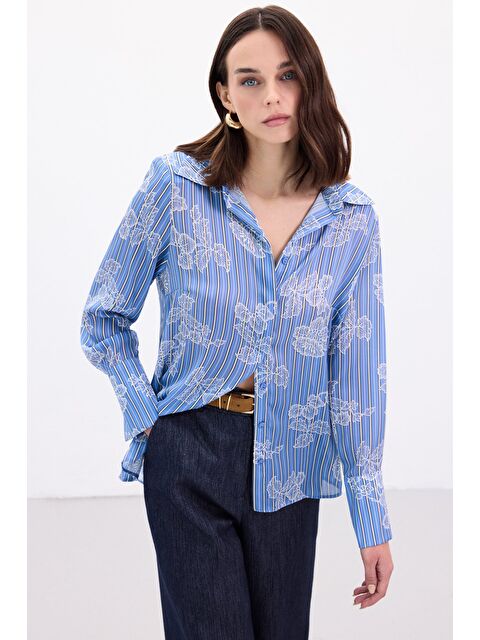 SATEEN Geniş Manşetli Gömlek - Mavi - S000505874-17234