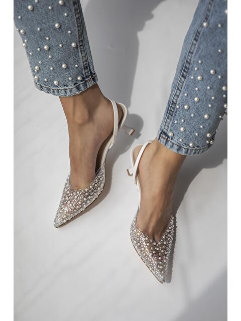 Straswans Jessica Kadın Taş Detay Şeffaf Topuklu  Ayakkabı Beyaz - S000526232-20063