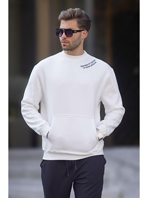 Madmext Ekru Bisiklet Yaka Nakış Detaylı Cepli Erkek Sweatshirt 7049 - S000234374-19965