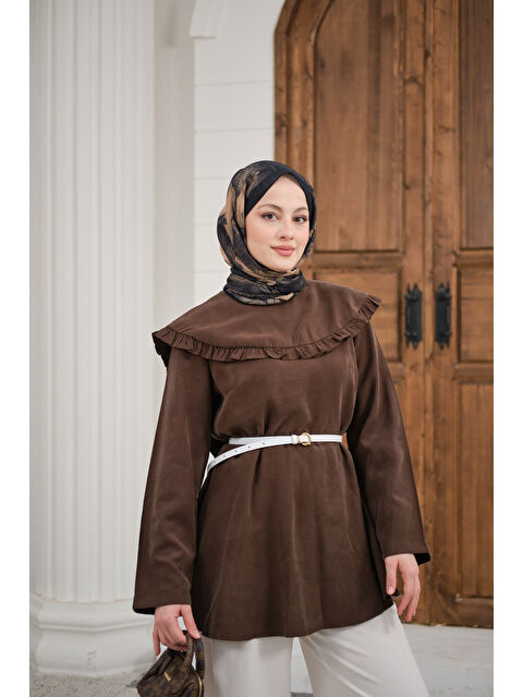 Locco Moda Kadın Fırfır Detay Dikiş Pensli Tunik Kahverengi - S000511231-19413