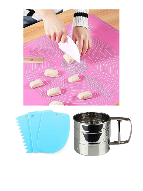 Kitchen Design Lab 45x65 cm Silikon Hamur Açma Matı Çelik Un Eleği ve Hamur Şekillendirme Seti 3’lü - S000434788-23173