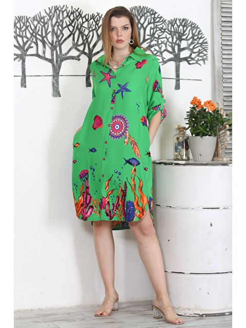 Chiccy Yeşil Gömlek Yaka Düğmeli Uzun Kollu Düğmeli Gizli Cepli Empirme Baskılı Casual Dokuma Elbise - S000358969-18194