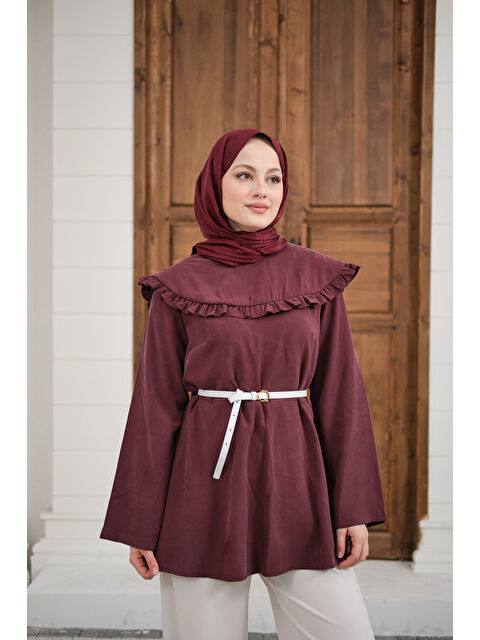Locco Moda Kadın Fırfır Detay Dikiş Pensli Tunik Mürdüm - S000511231-20036