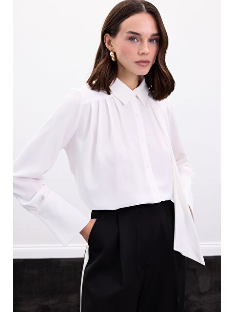 SATEEN Fularlı Gömlek - Ekru - S000499963-19965