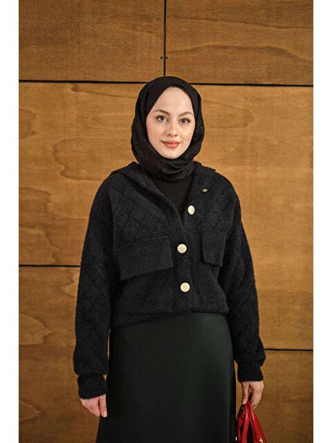 Locco Moda Kadın Kendinden Desenli Kapüşonlu Hırka Siyah - S000492519-19351