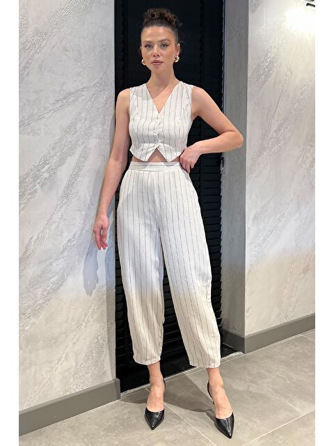 Gülseli Kadın Çizgi Desenli Keten Yelek Pantolon İkili Takım - S000386491-25636