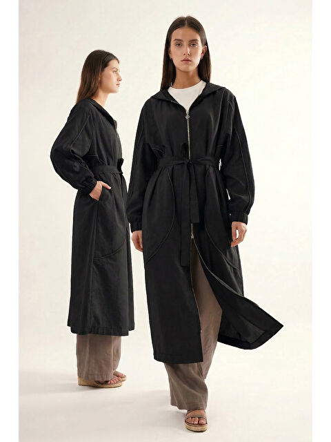 Remsa Kolu ve Önü Fermuar Detaylı Kapüşonlu Safari Kap Ceket 816 Siyah