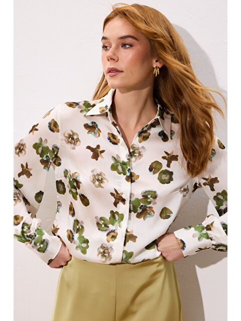 SATEEN Desenli Salaş Gömlek - Haki - S000497798-18547