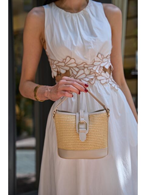 MADAMRA Modern Tasarım Tokalı El Ve Omuz Çantası Krem Hasır - S000387006-19966