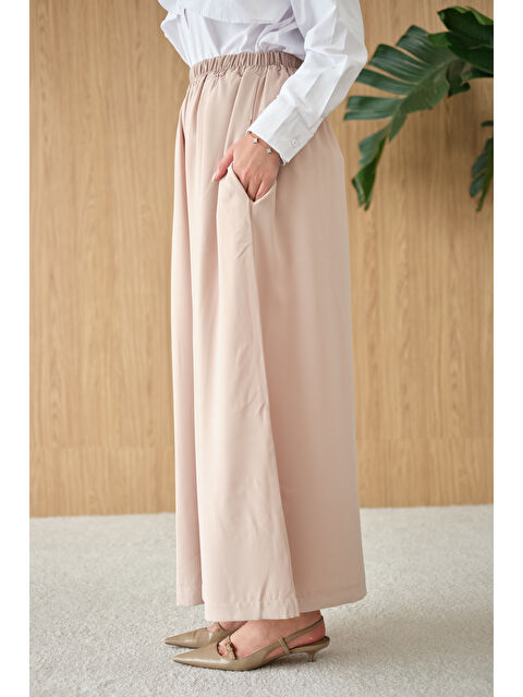 Locco Moda Kadın Beli Lastikli Bol Paça Kumaş Pantolon Krem