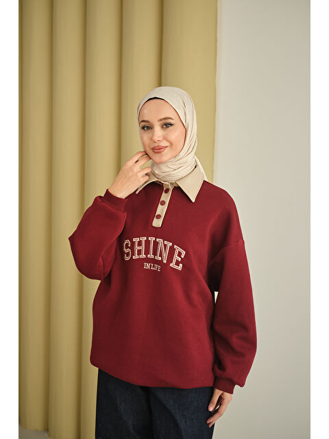 Locco Moda Kadın Deri Yaka Nakışlı Sweat Bordo - S000492516-19951