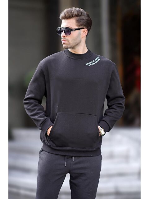 Madmext Siyah Bisiklet Yaka Nakış Detaylı Cepli Erkek Sweatshirt 7049 - S000234374-19351