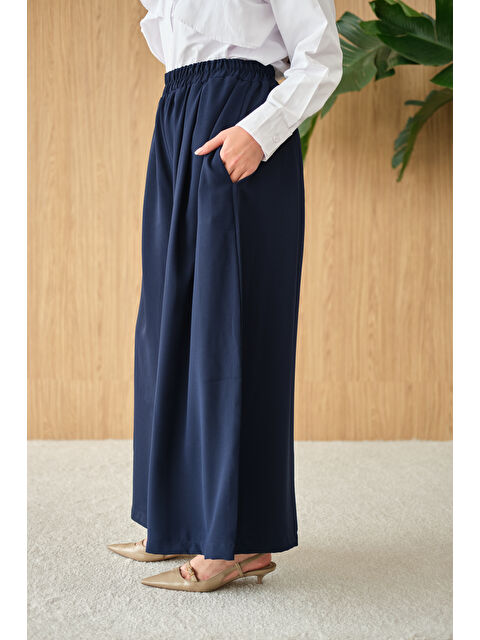 Locco Moda Kadın Beli Lastikli Bol Paça Kumaş Pantolon Lacivert