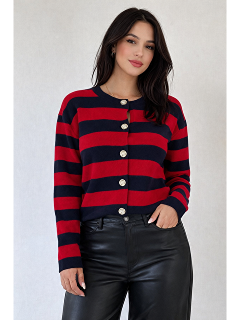 Formo Kadın Çizgili Düğmeli Kaliteli Triko Hırka