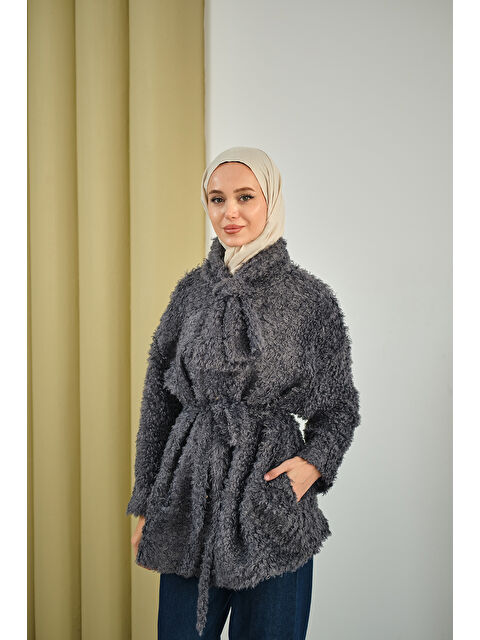 Locco Moda Kadın Yaka Bağlamalı Pelüş Hırka Füme - S000492482-33408