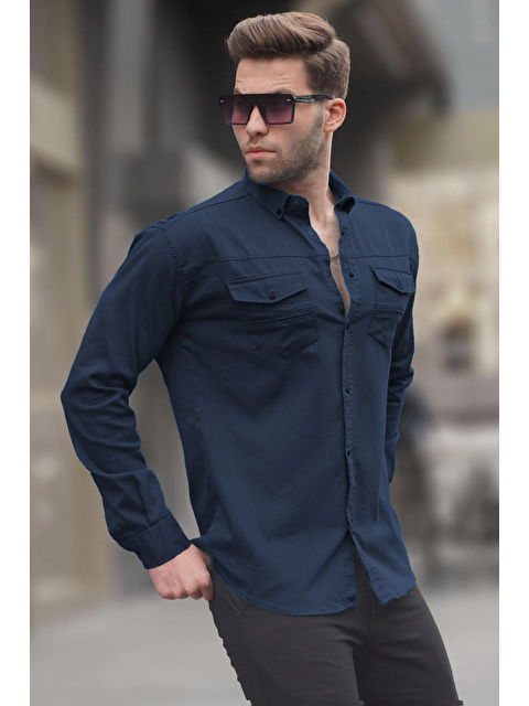 Madmext Lacivert Rahat Kalıp Gabardin Erkek Gömlek 6810