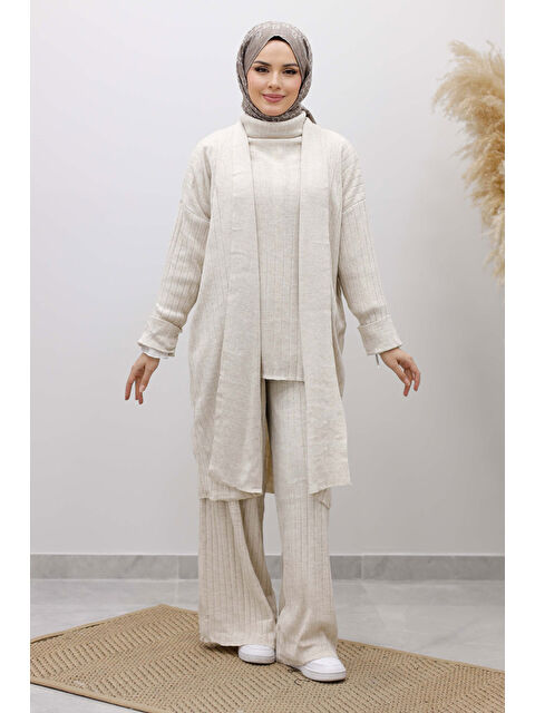 Tesettür Dünyası Boğazlı Üçlü Triko Takım TSD260111 Bej