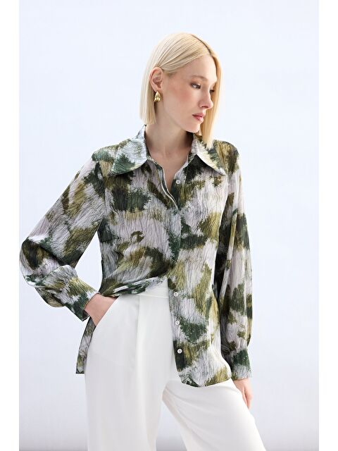SATEEN Desenli Gömlek - Haki - S000503793-18547