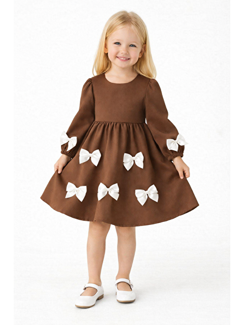 Zepkids Bisiklet Yaka İncili Fiyonklu Kahve Rengi Kız Çocuk Elbise - S000530029-19413