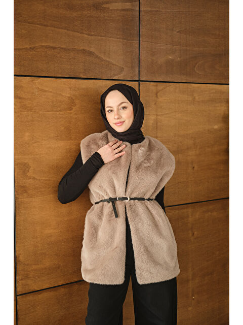 Locco Moda Kadın Kemer Detay Pelüş Yelek Vizon - S000492491-26429
