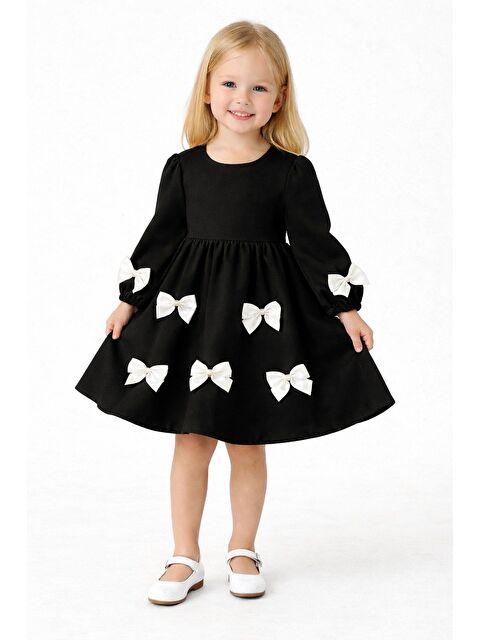 Zepkids Bisiklet Yaka İncili Fiyonklu Siyah Renk Kız Çocuk Elbise - S000530029-19351