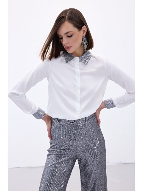 SATEEN Payet Detaylı Saten Gömlek - Gri - S000323685-20600