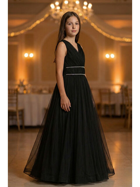 Pina Kids Kız Çocuk V Yaka Beli Taş İşleme Detaylı Tüllü Uzun Abiye  ABY2027 - S000530031-19351