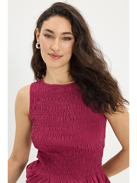 TUDORS Kadın Slim Fit Dar Kesim %100 Pamuk Sıfır Kol Büzgülü Bisiklet Yaka Fuşya Bluz