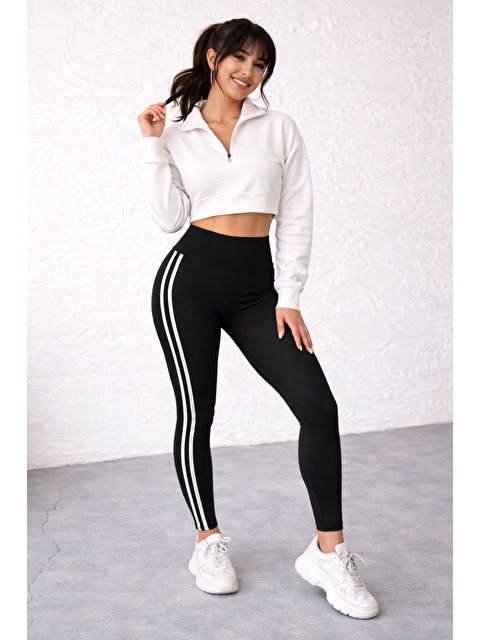 Formo Kadın Ekstra Yüksek Bel Şeritli Dalgıç Kumaş Esnek Spor Rahat Günlük Tayt