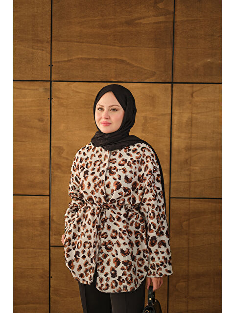 Locco Moda Kadın Yaprak Desen Beli Lastikli Ceket Ekru - S000492514-19965