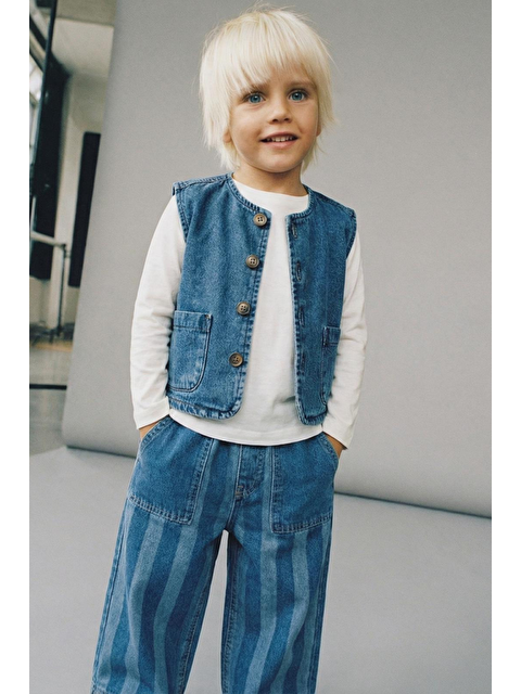 Magu Erkek Çocuk Mavi Denim Yelek Tişört Ve Pantolon Takım - S000496087-17234