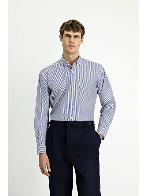 Kiğılı Uzun Kol Regular Fit Çizgili Düğmeli Yaka Pamuklu Kolay Ütülenebilir Gömlek - S000494145-21164