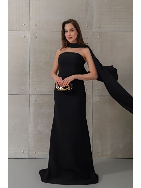 Lafaba Kadın Siyah Dar Kalıp Şal Yaka Detay Uzun Abiye Elbise