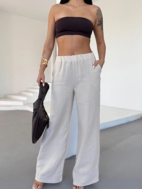 Hazelin Kadın Krem Beli Lastikli Müslin Kumaş Bol Paça Pantolon HZL25S-DSB12221 - S000385374-19966