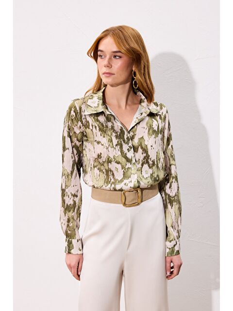 SATEEN Desenli Düz Kesim Gömlek - Haki - S000497799-18547