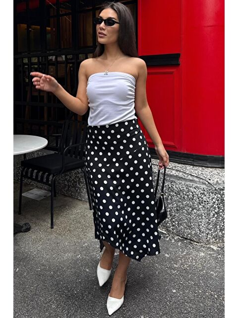 Madmext Siyah Puantiyeli Asimetrik Kadın Etek Mg2698