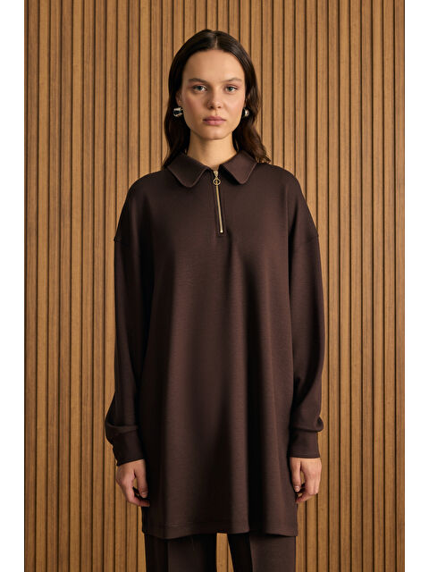 AKER Kahverengi Yakası Fermuarlı Sweatshirt