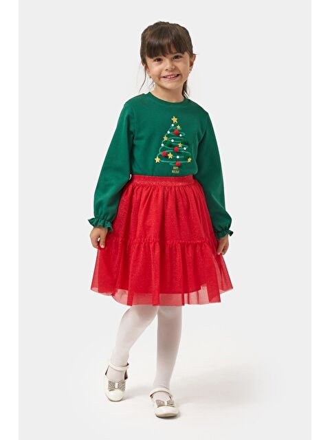 Magu Kız Çocuk Pamuklu Yeşil Yılbaşı Ağaç Baskılı Uzun Kollu Kırmızı Tüllü Takım - Happy Holidays Temalı - S000464387-18194