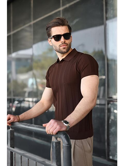 Madmext Kahverengi Slim Fit Polo Yaka Triko Erkek Tişört E7491